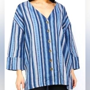 RD & Koko Boho  Pink/Blue Striped 3/4 Sleeve Button Up Blouse L W/ Free Bodysuit